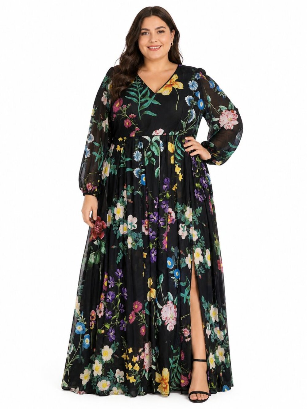TOLEEN Black Floral Sheer Long Sleeve Maxi Dress Pleated Slit Plus Size 1XL